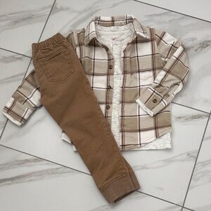 Boys 4T Bundle Outfit Plaid Button-Up Shirt with Khakis and LS Henley Shirt